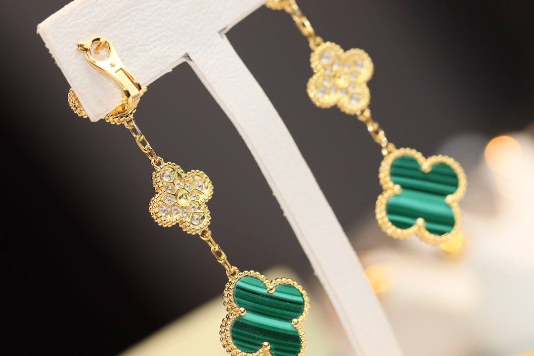 [Stars Jewelry]CLOVER EARRINGS GOLD MALACHITE DIAMOND 3 MOTIF