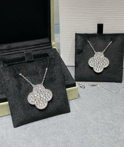 [Stars Jewelry]CLOVER 25MM LARGE PENDANT DIAMOND PAVED SILVER NECKLACE