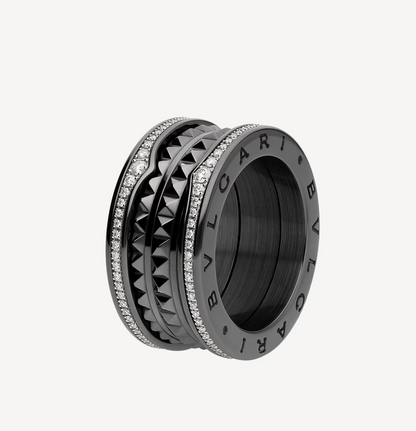 [Stars Jewelry]ZERO 1 ROCK FOUR-BAND BLACK CERAMIC WITH STUDDED SPIRAL AND PAVED DIAMONDS RING