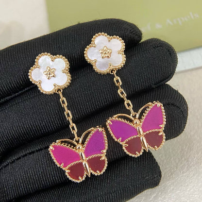 [Stars Jewelry]ROSE QUARTZ TWO‑FLOWER BUTTERFLY DROP EARRINGS