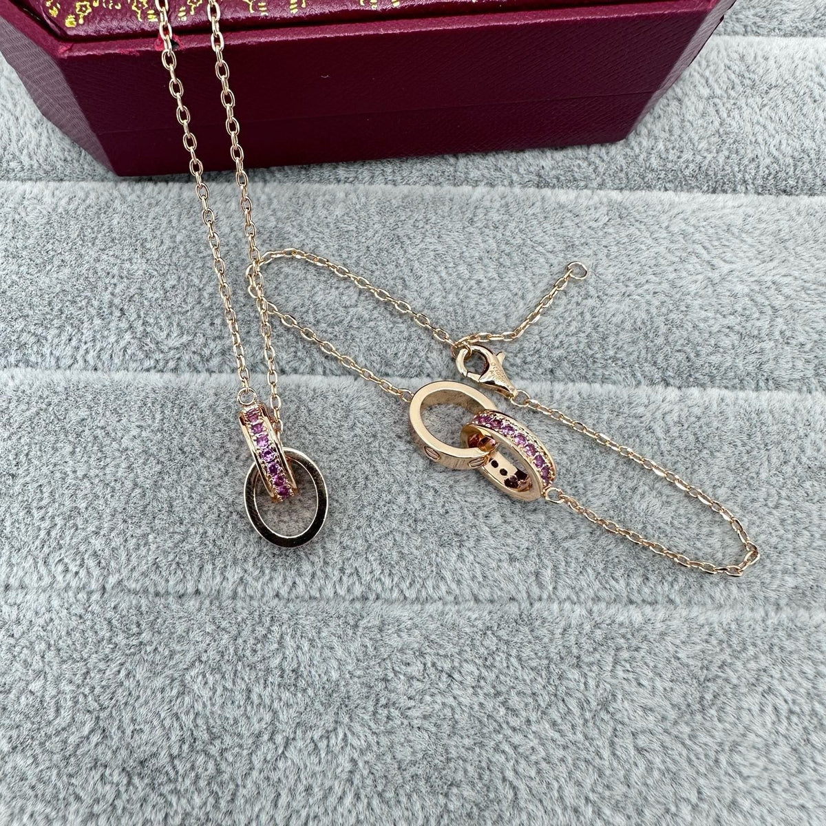 [Stars Jewelry]LOVE DOUBLE PINK STONES RING NECKLACE
