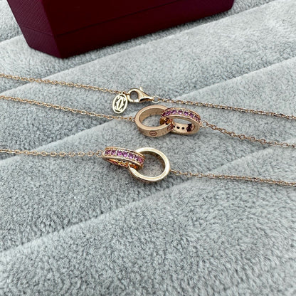 [Stars Jewelry]LOVE DOUBLE PINK STONES RING NECKLACE