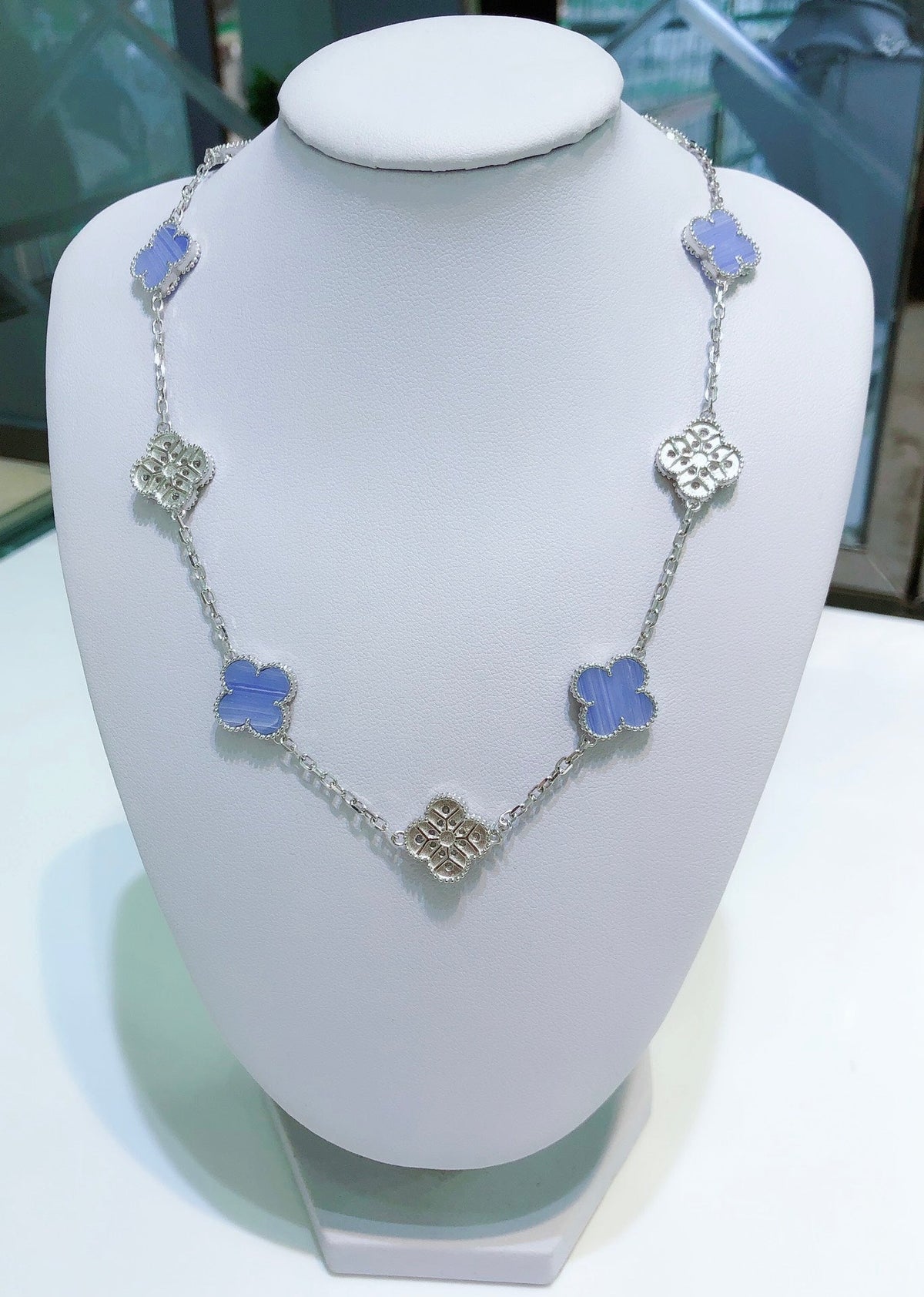 [Stars Jewelry]CLOVER 10 MOTIFS CHALCEDONY DIAMONDS SILVER NECKLACE